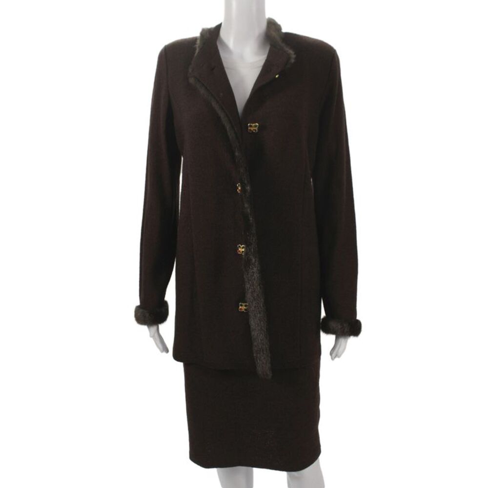 Steve Fabrikant Women Brown 2 Piece Wool Fur Collared Suit Long Sleeve Size M